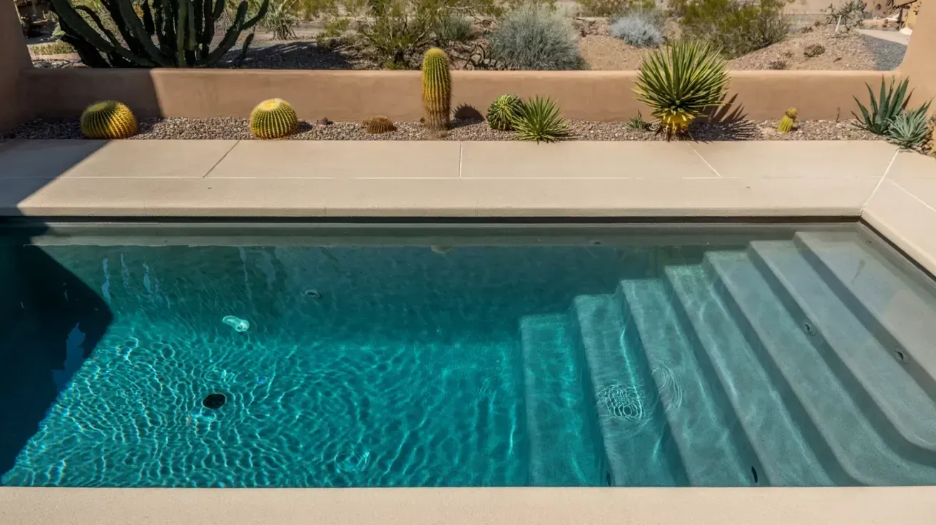 Backyard swimming pool with turquoise water, steps, and desert landscaping around the deck