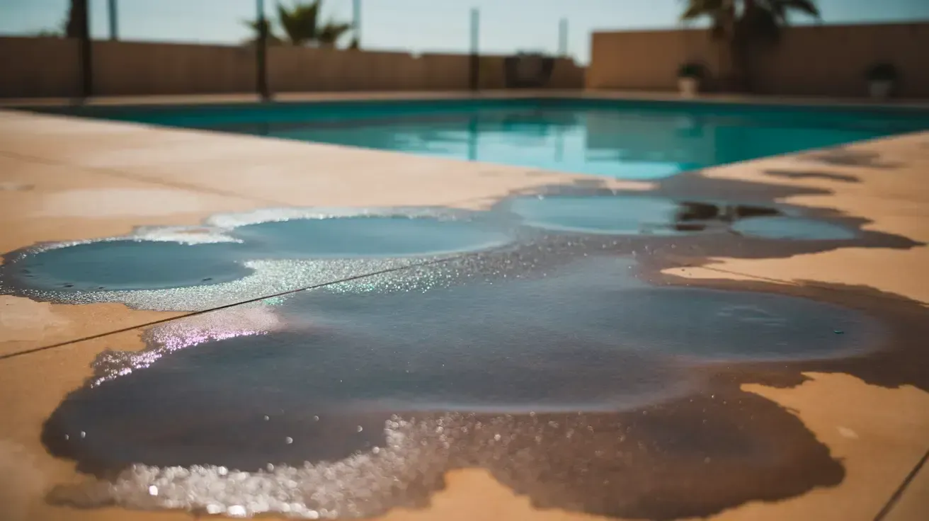 Shallow puddle of water on a sunlit pool deck beside blue pool water