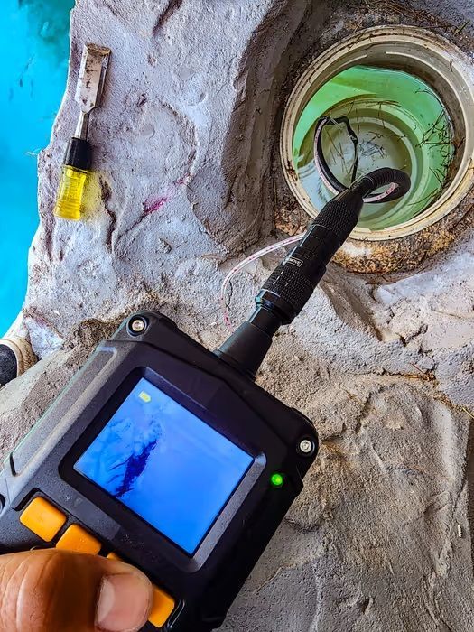 Handheld inspection camera probing a green pipe opening in a rough concrete wall
