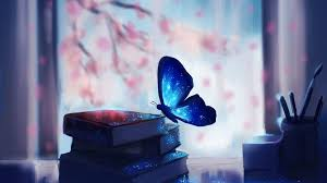A stack of books in a window with a butterfly atop the top book