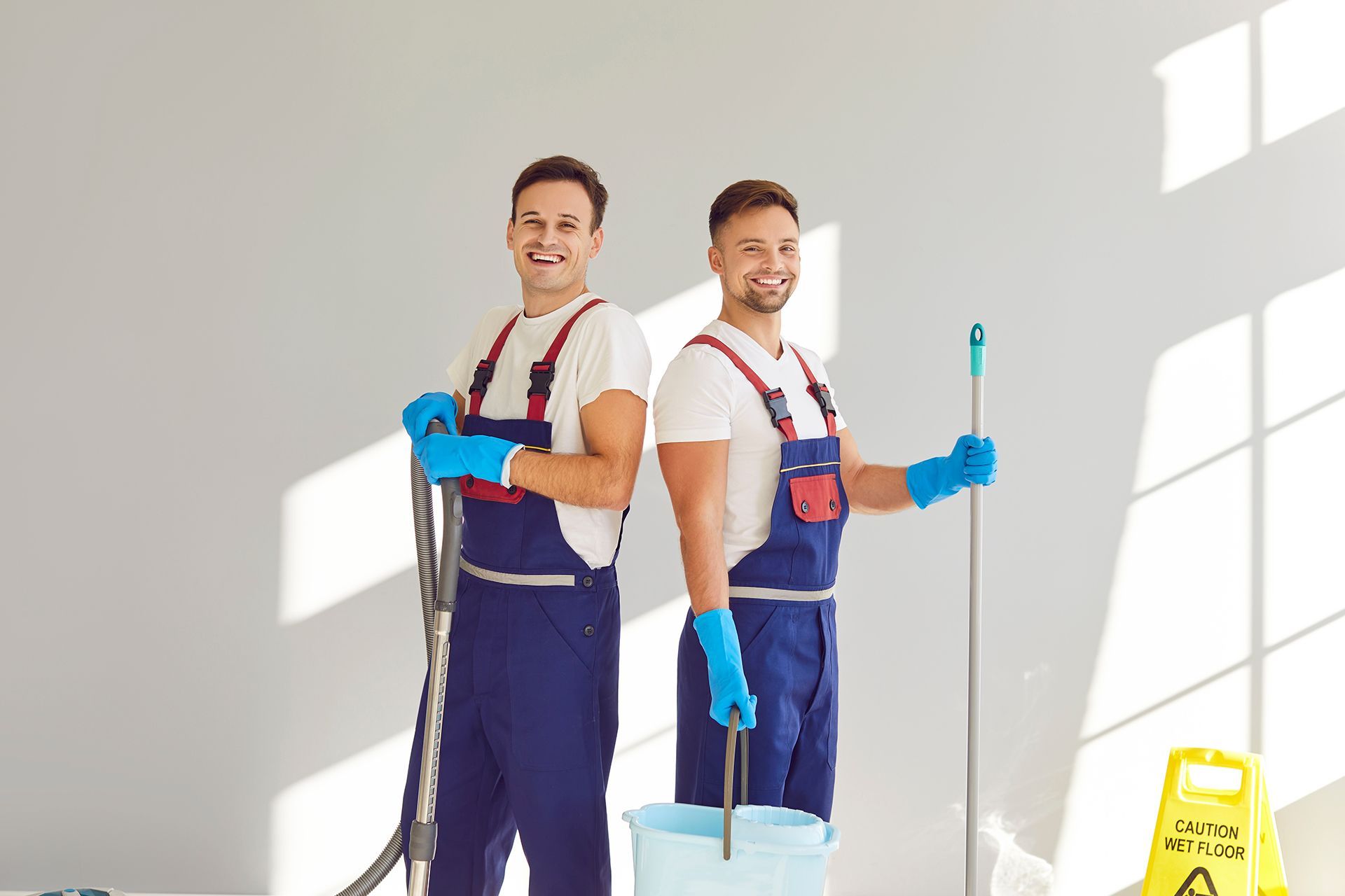 Two cleaners in blue overalls and gloves stand with cleaning supplies against a bright, minimalist wall.