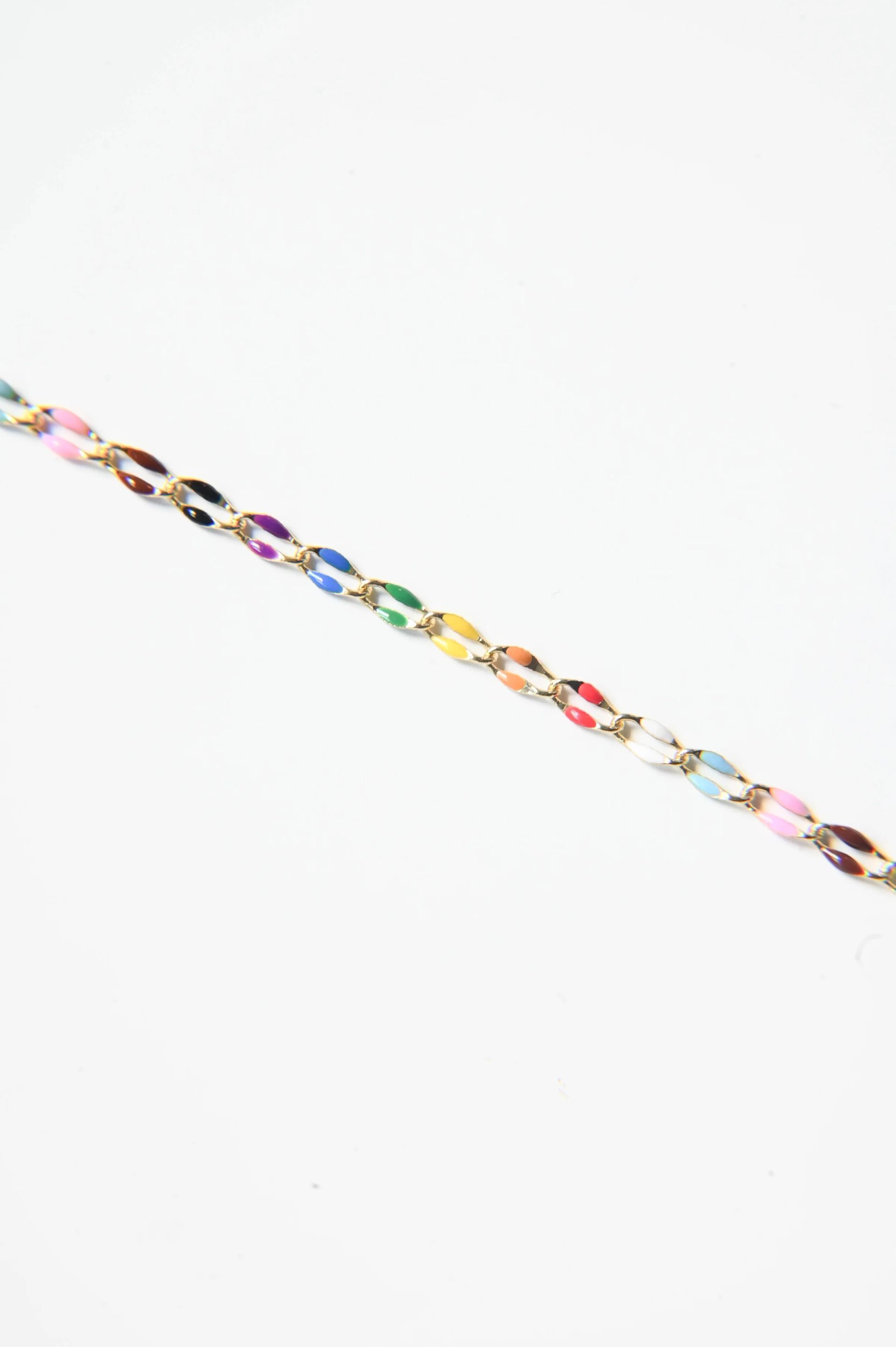 A close up of a colorful chain on a white background.