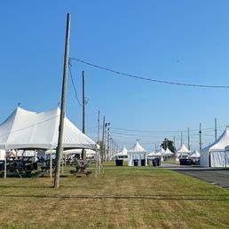 White tents are lined up on a grassy field under a clear blue sky, with power lines overhead and a road visible.