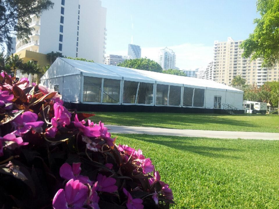 White tent on a grassy lawn with purple flowers in the foreground. Tall buildings are in the background, suggesting an outdoor event.