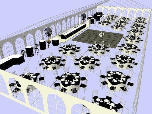 A large white tent interior with round tables set for a formal event. There is a dance floor and bar area.