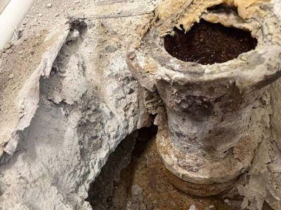 A corroded pipe with a large hole, surrounded by crumbling concrete and building materials.