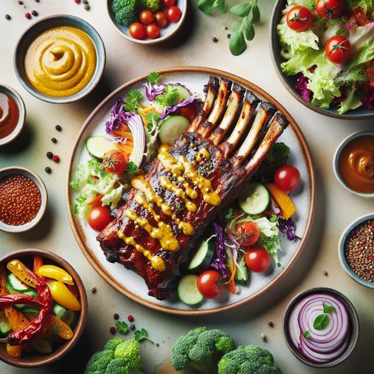 A Plate of Food With Ribs and Vegetables on a Table — Fresco's Quality Meats (Retail) in Andergrove, QLD