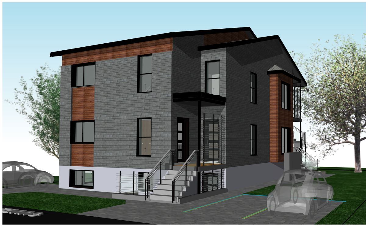 Maison moderne à deux étages en briques grises, avec des touches de bois brun et un petit porche, bordée d'arbres et de voitures garées.
