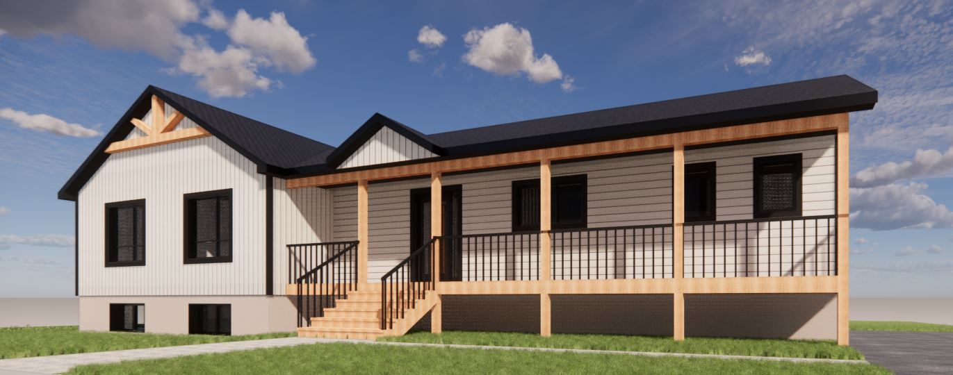 Ferme blanche au toit noir, porche couvert et terrasse en bois sous un ciel bleu.