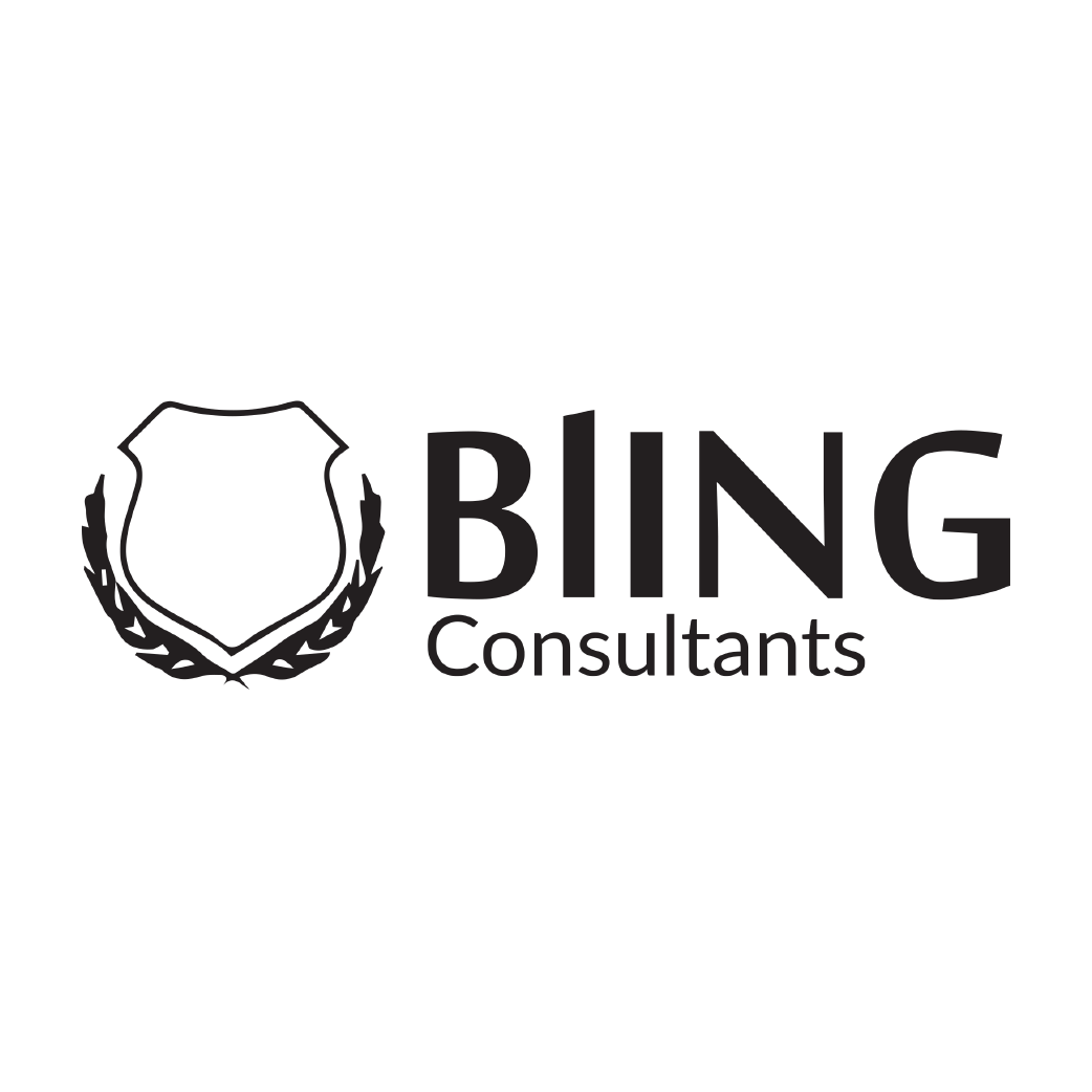 Logo de « BIING Consultants » avec un écusson et une couronne de laurier.