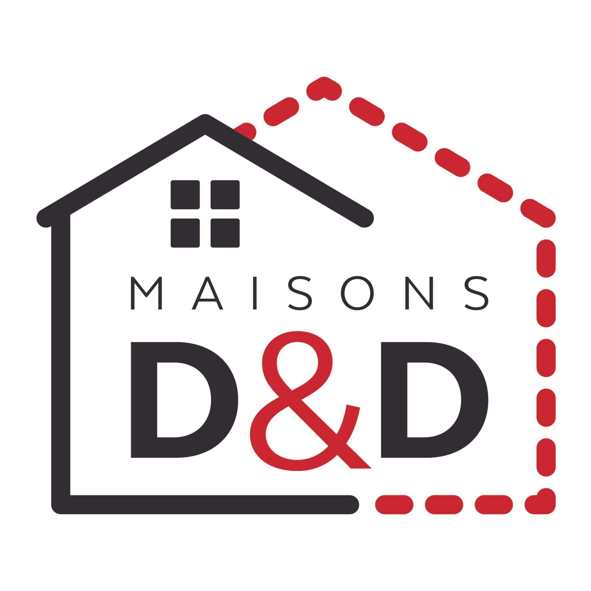 Logo pour «Maisons D&D» : le contour d’une maison, les lettres noires « D&D » avec une esperluette rouge et le contour rouge en pointillés d’une maison.