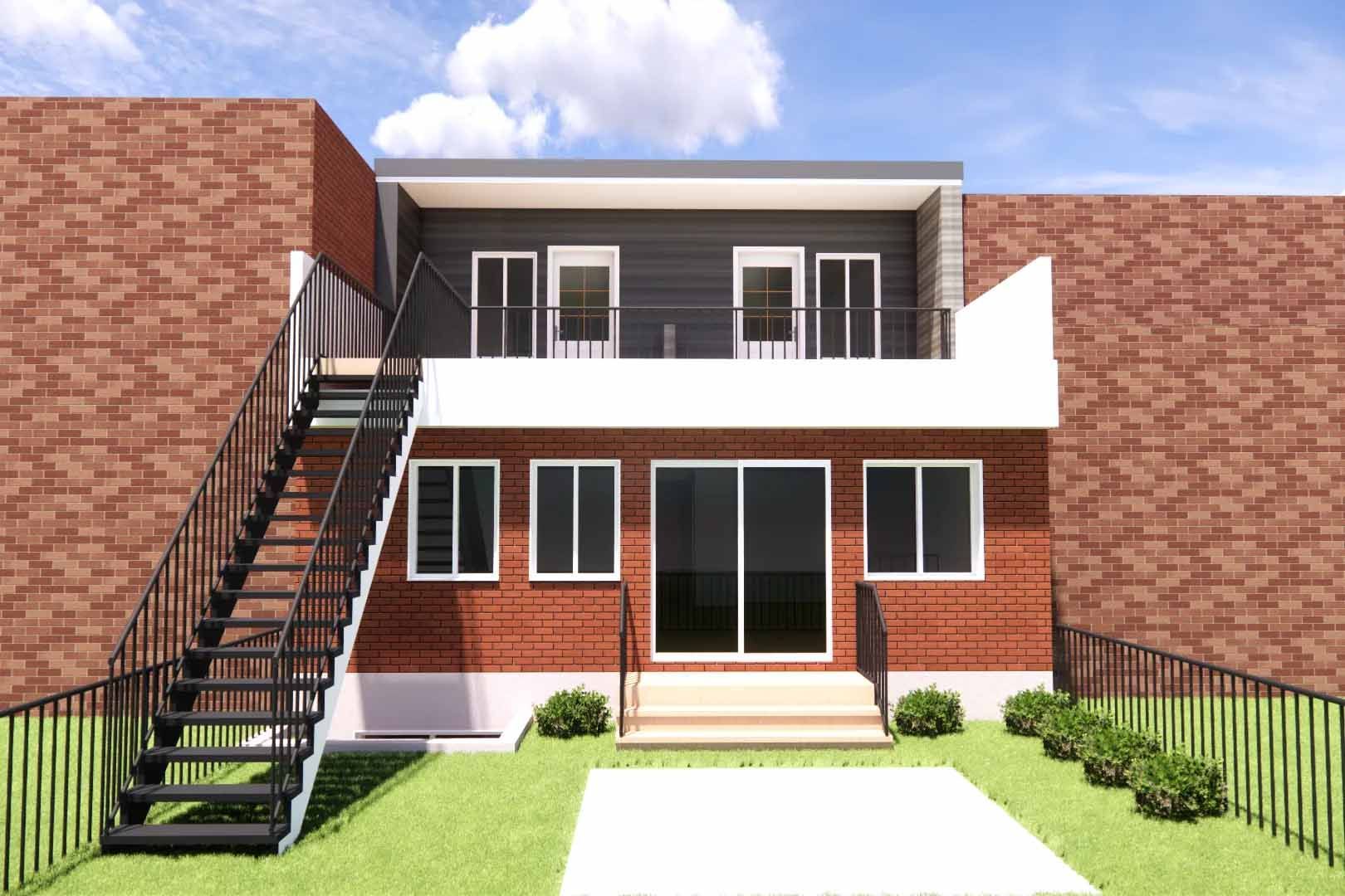 Vue arrière d'un bâtiment moderne en briques de deux étages avec un escalier métallique, donnant sur une cour arrière gazonnée.