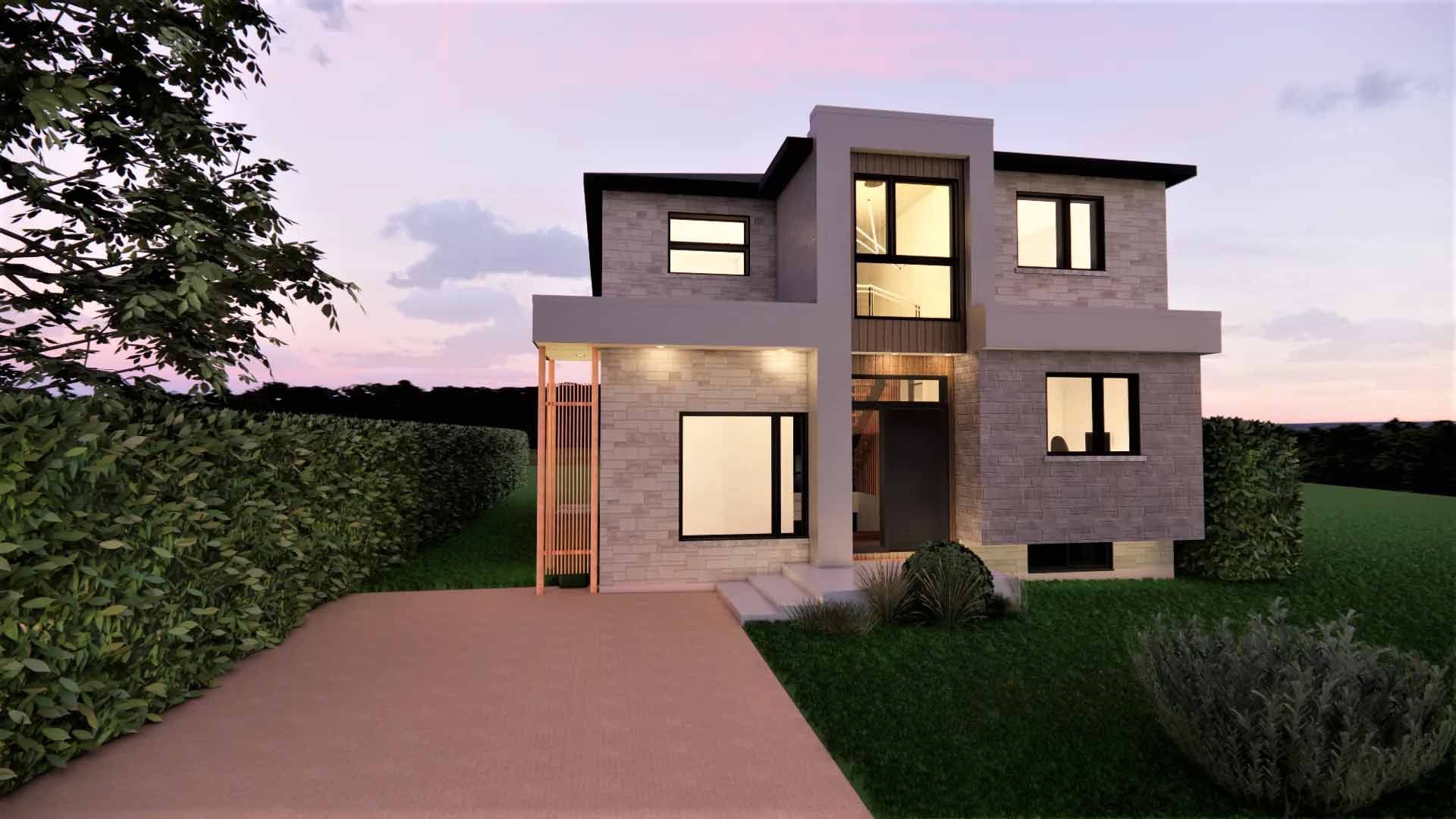 Maison moderne à deux étages avec façade en briques et accents de béton, ambiance crépusculaire.