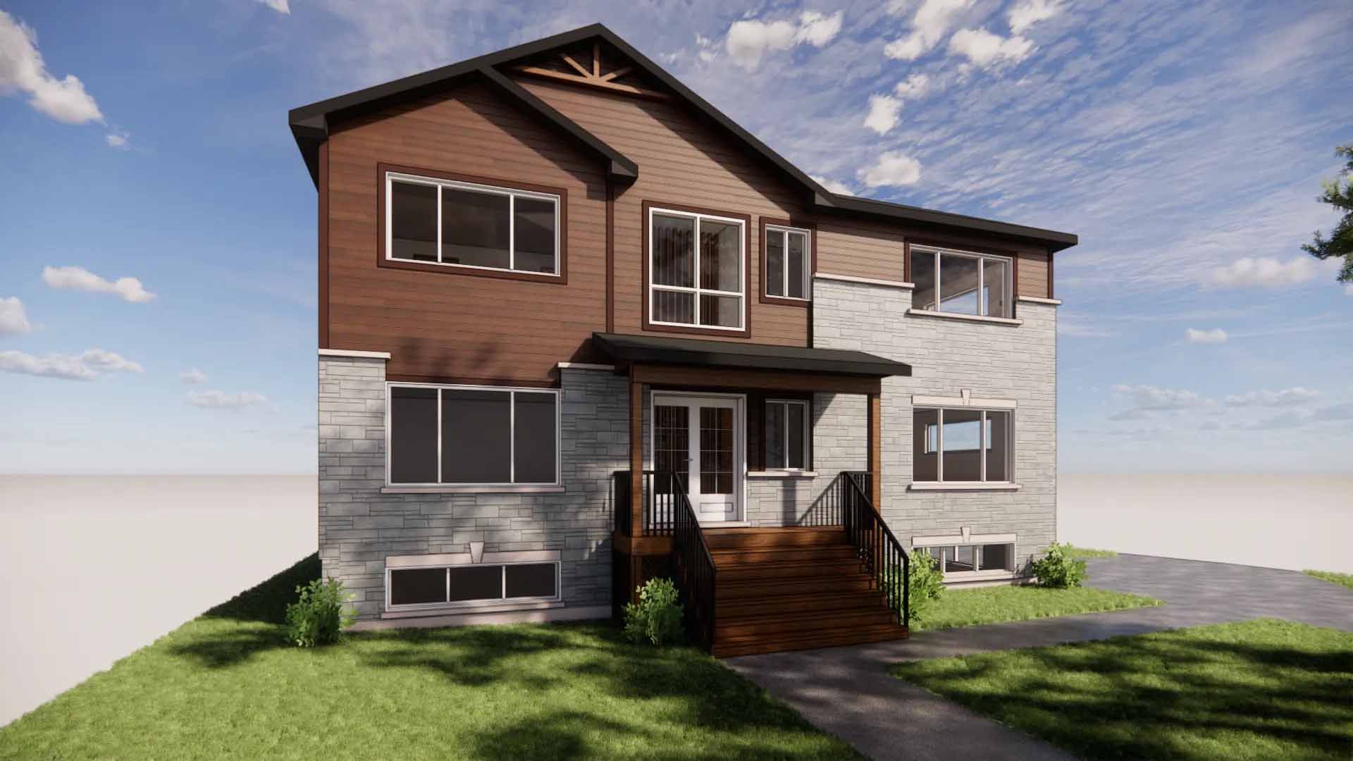 Maison à deux étages avec bardage brun et façade en pierre, porche et fenêtres.