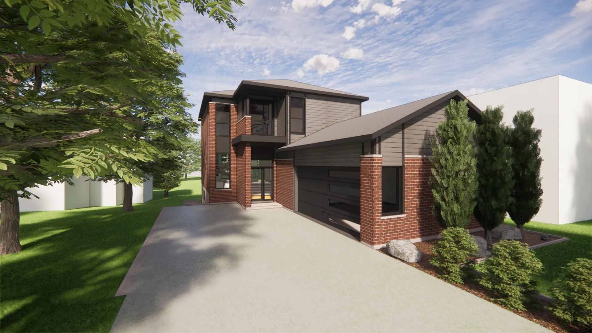 Maison moderne avec façade en briques, bardage foncé et garage attenant ; longue allée.