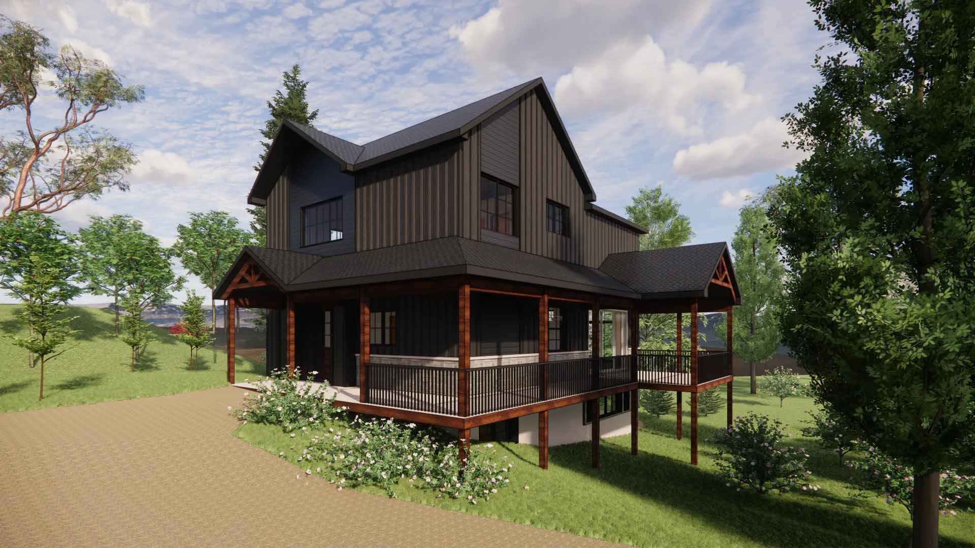 Maison moderne à deux étages avec bardage foncé et véranda enveloppante. Située dans un espace vert arboré sous un ciel bleu.