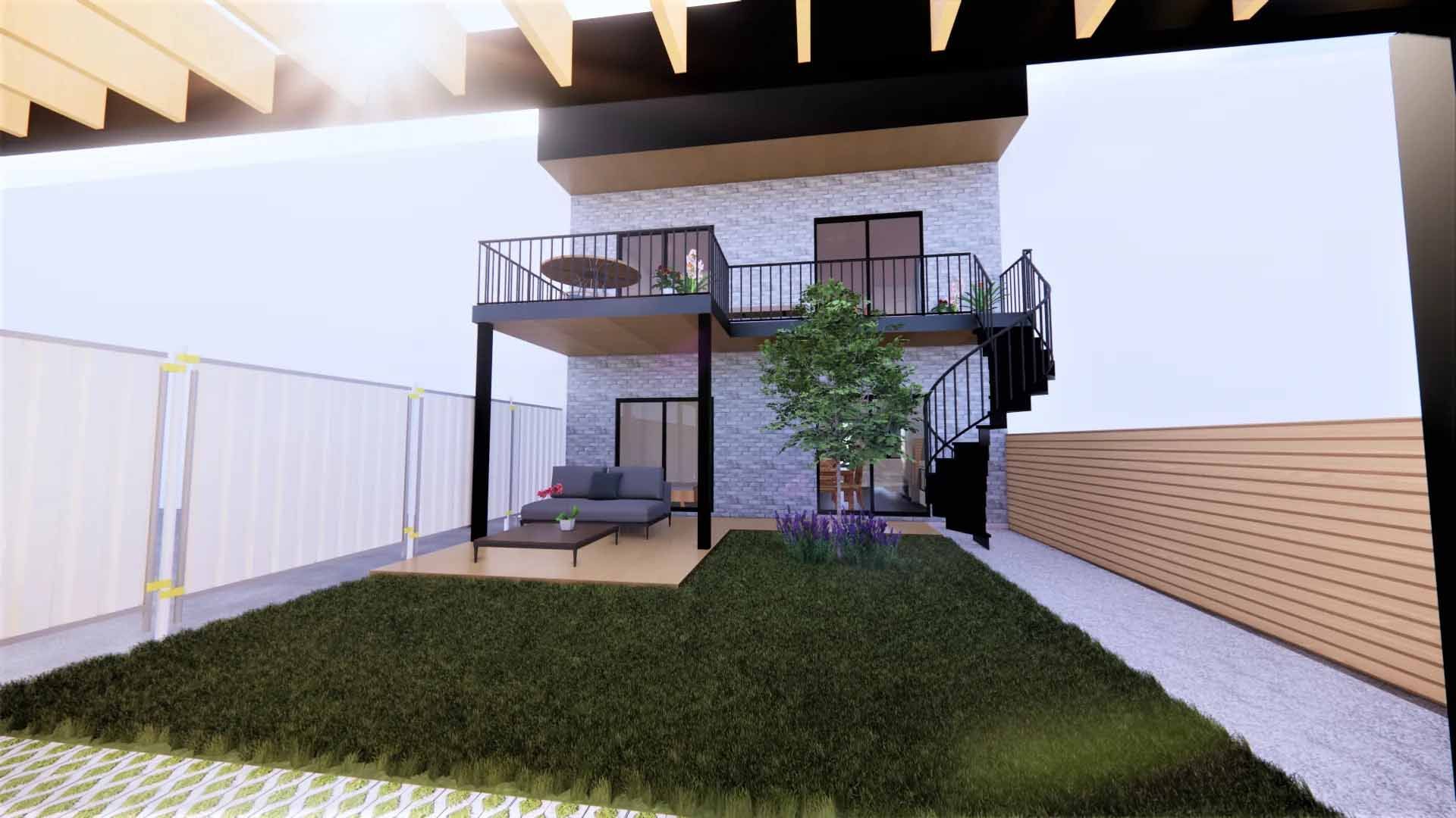 Bâtiment de deux étages avec une terrasse, un escalier en colimaçon et une cour avec un petit arbre.