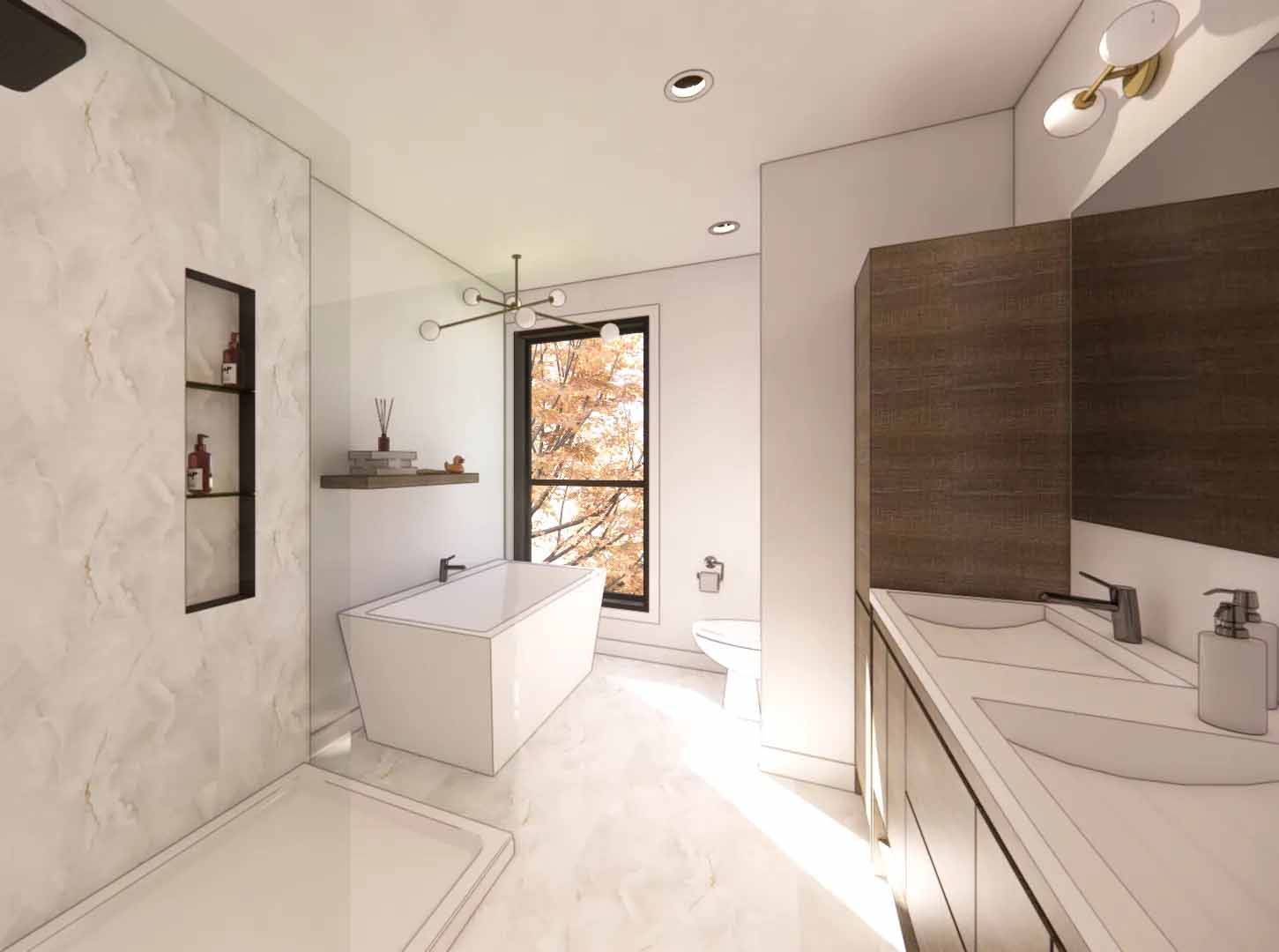 Salle de bains moderne avec baignoire, meuble-lavabo et fenêtre donnant sur l'extérieur.