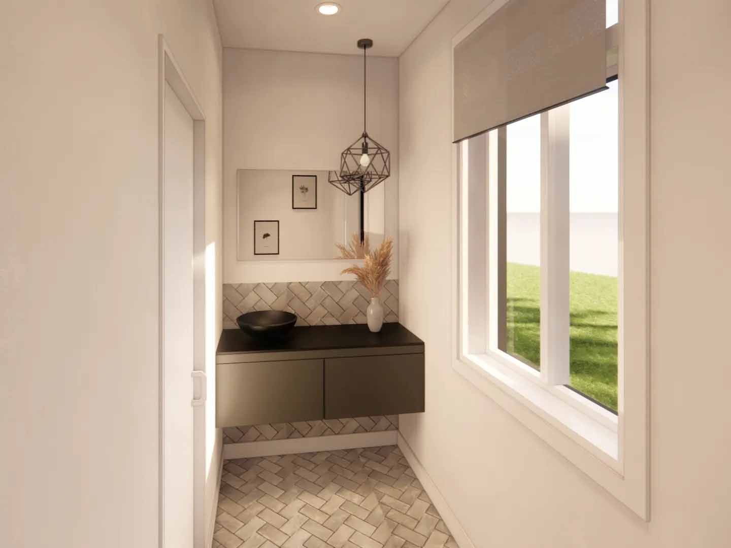 Salle d'eau moderne avec meuble-lavabo suspendu, fenêtre et éclairage décoratif.