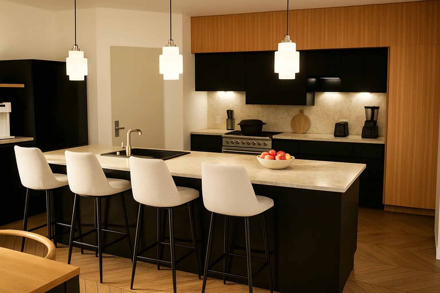 Cuisine moderne avec îlot central, armoires noires, éléments en bois et tabourets de bar blancs.