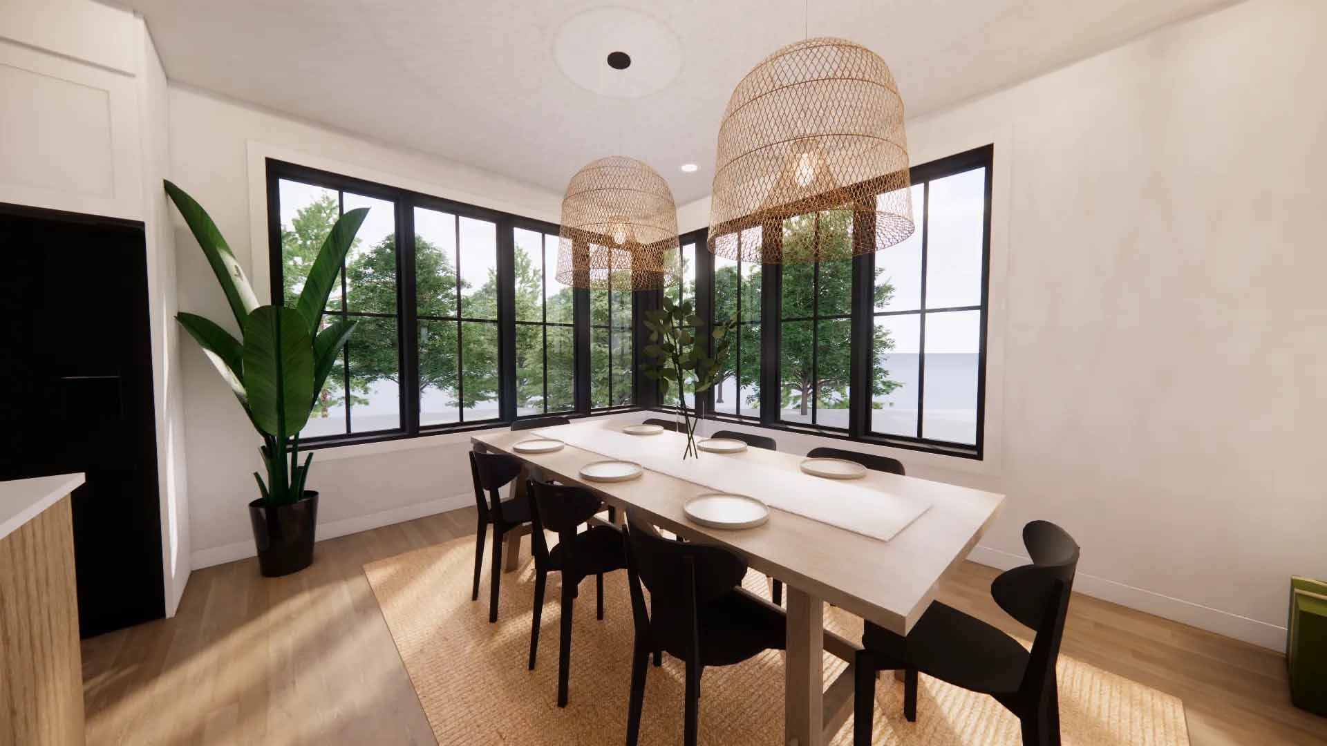 Salle à manger avec fenêtres à cadre noir, grande table avec chaises, deux suspensions en osier et une grande plante.