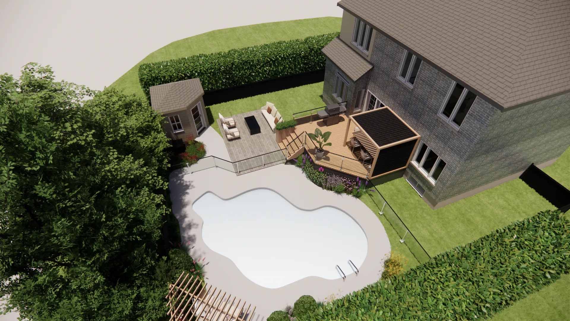 Vue aérienne d'un jardin avec piscine, terrasse, abri de jardin et maison. Pelouse et haies bordent l'espace.