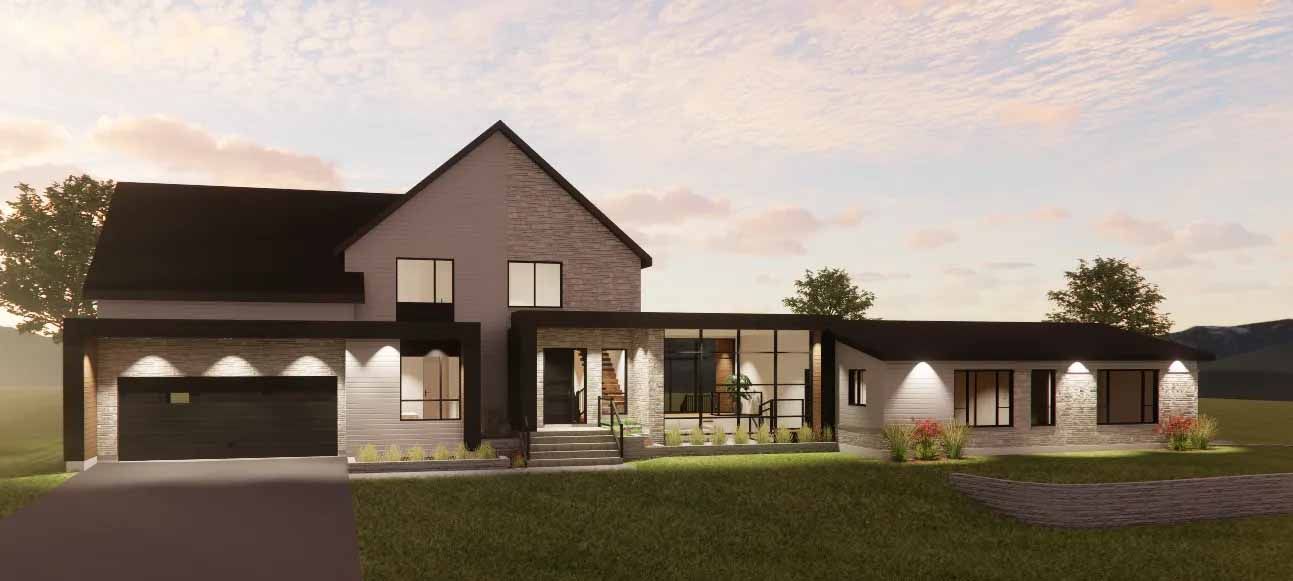 Maison moderne avec toit et boiseries sombres, façade en briques claires, garage, entrée vitrée et pelouse.