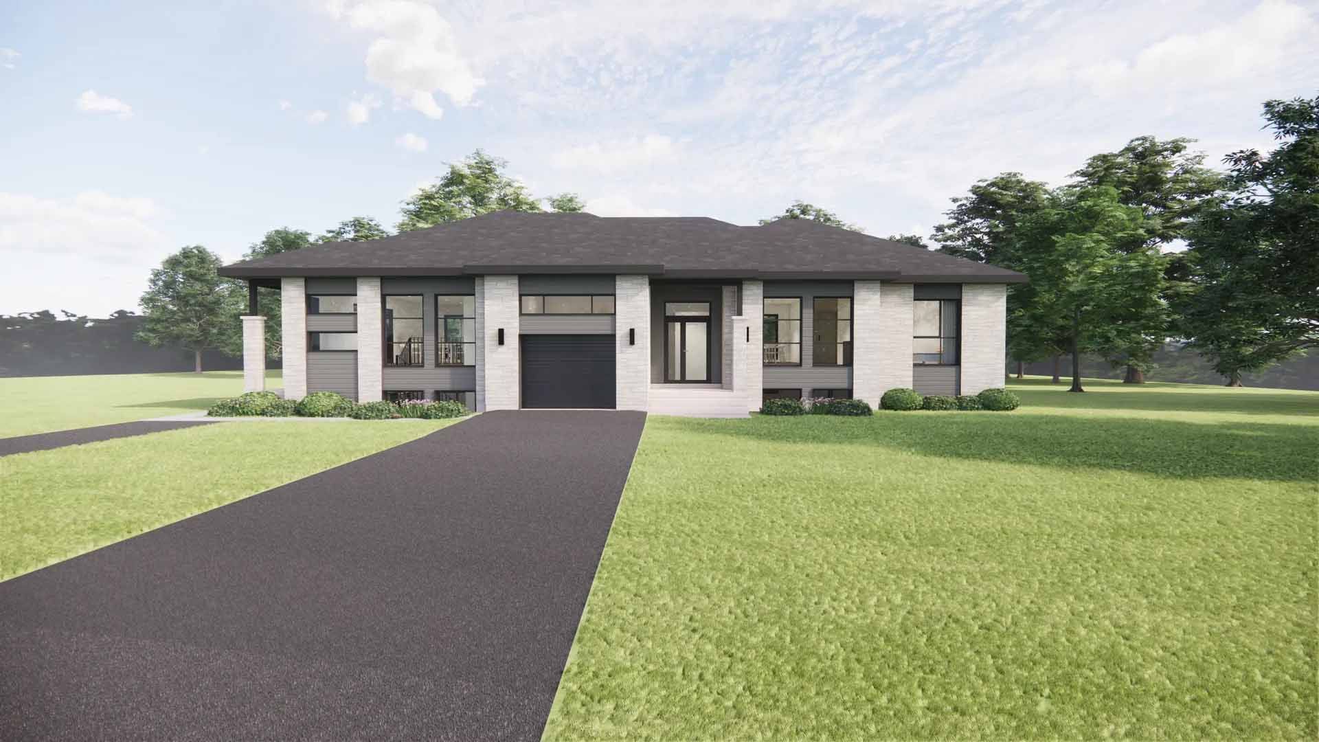 Maison moderne grise et blanche avec allée noire et pelouse verte.