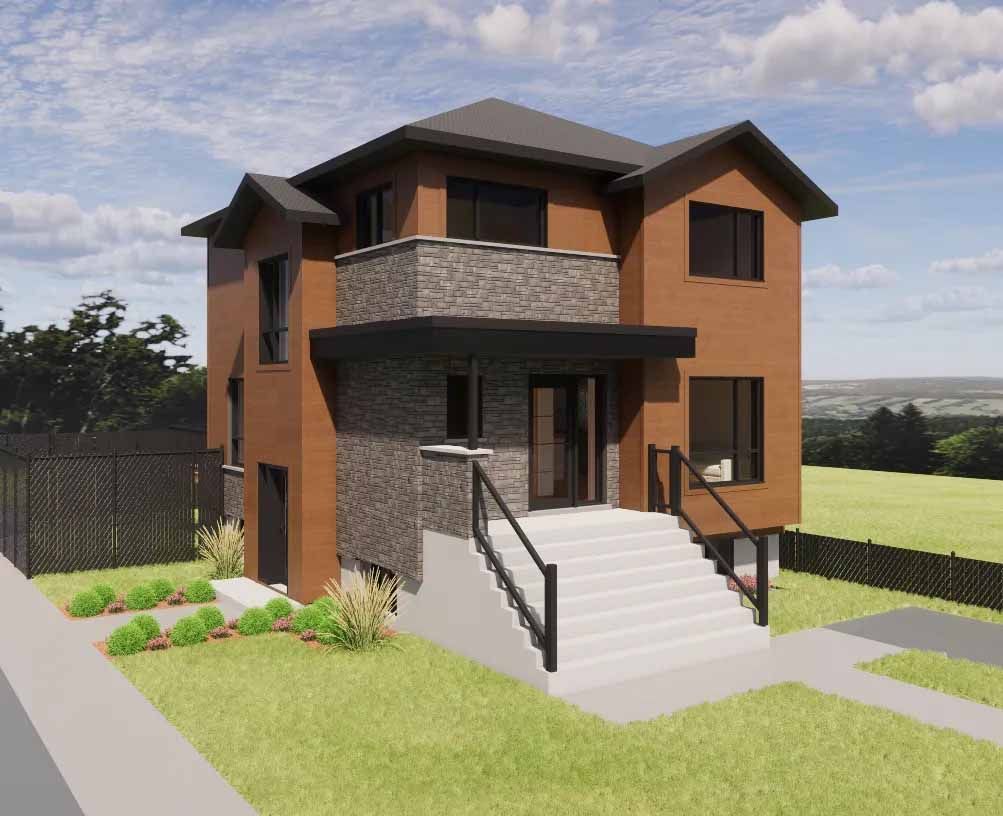 Maison à deux étages avec extérieur en briques, façade en pierre et marches d'entrée sur un terrain gazonné.