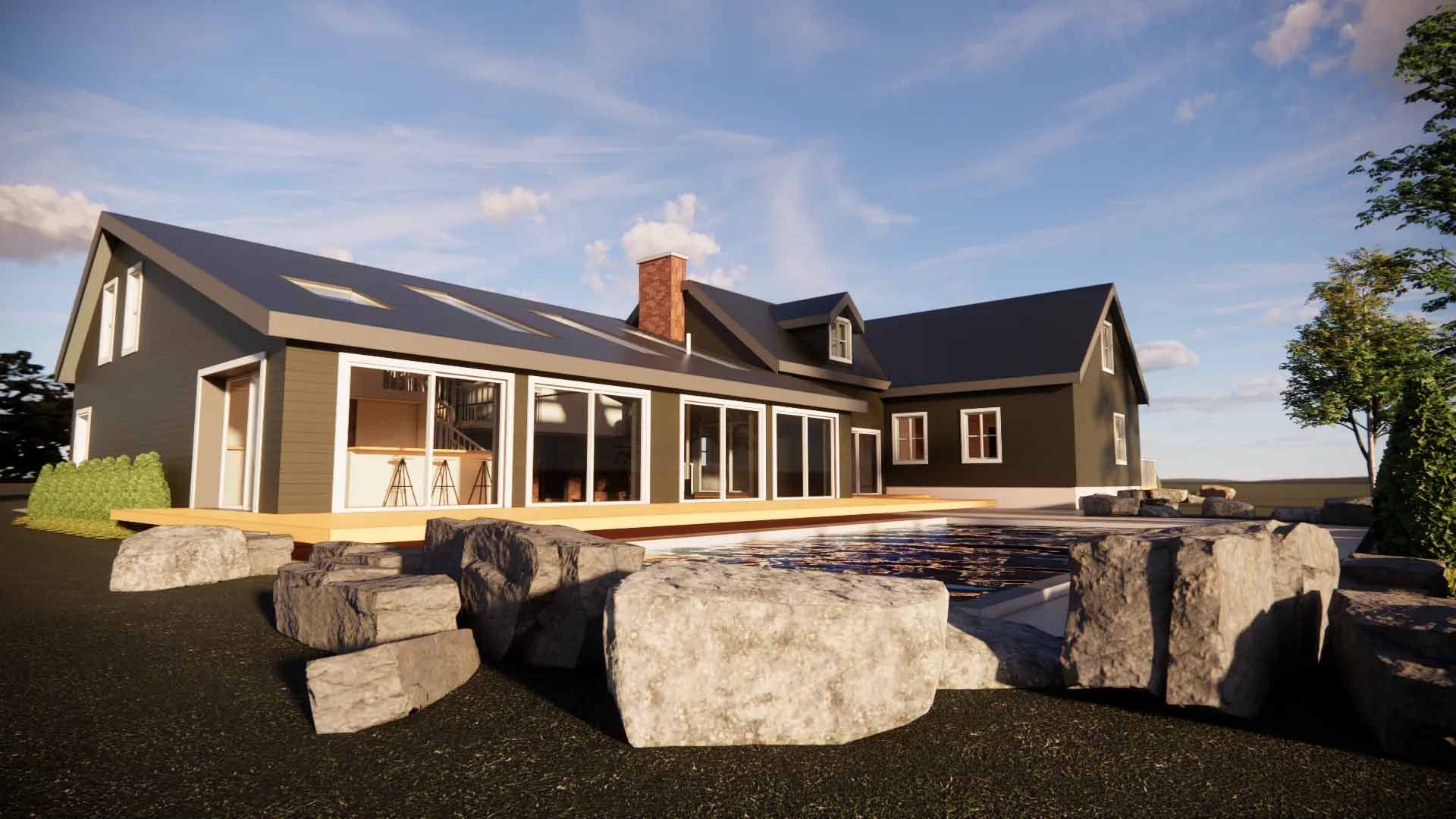 Extérieur de maison moderne avec bardage foncé, grandes fenêtres et aménagement paysager en roches.