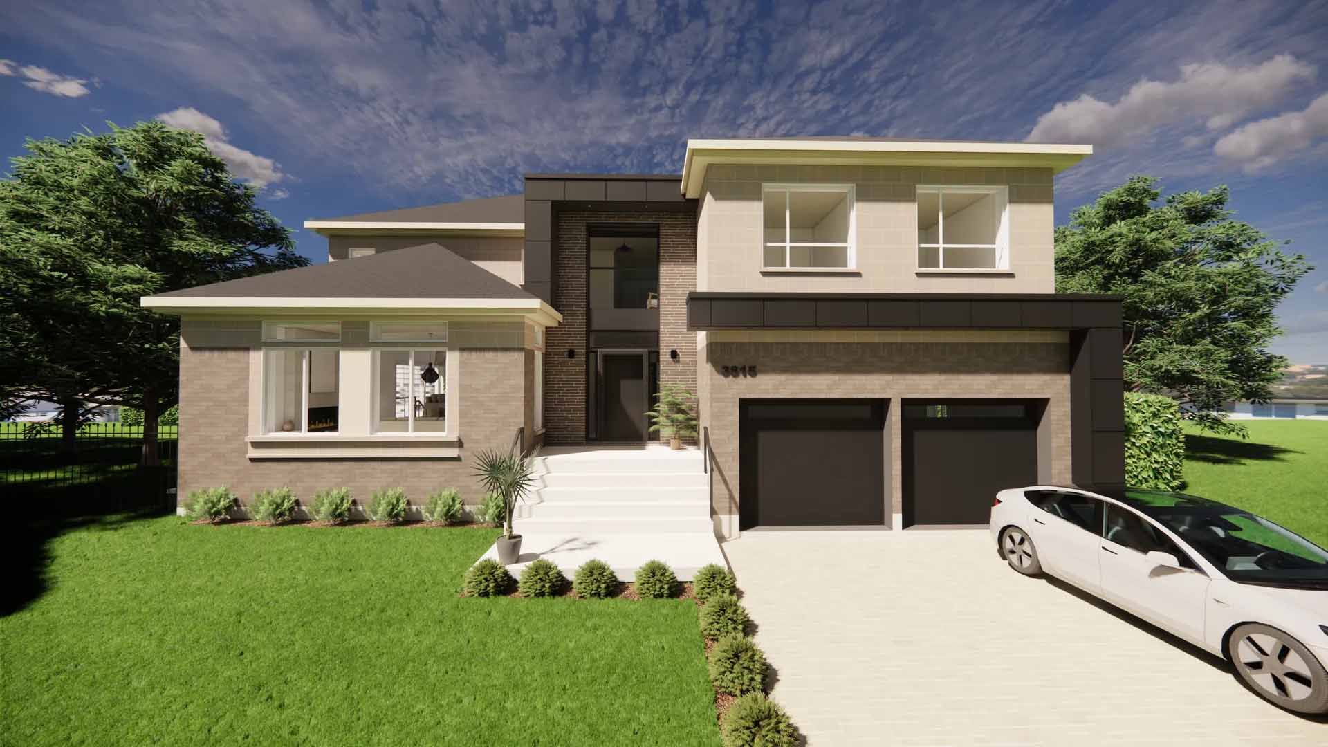 Extérieur de maison moderne avec garage double, Tesla blanche dans l'allée, pelouse verte, ciel bleu.