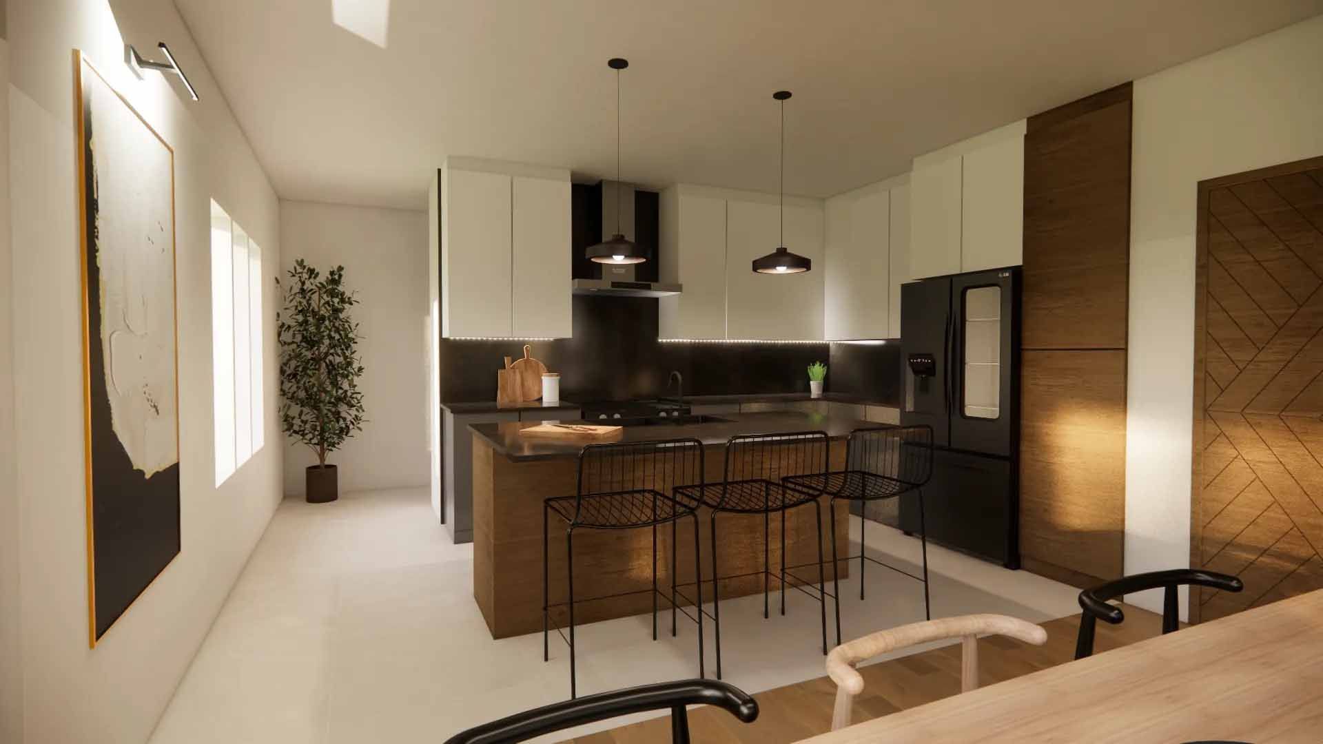 Cuisine moderne avec îlot central, armoires blanches, électroménagers noirs et éléments en bois.