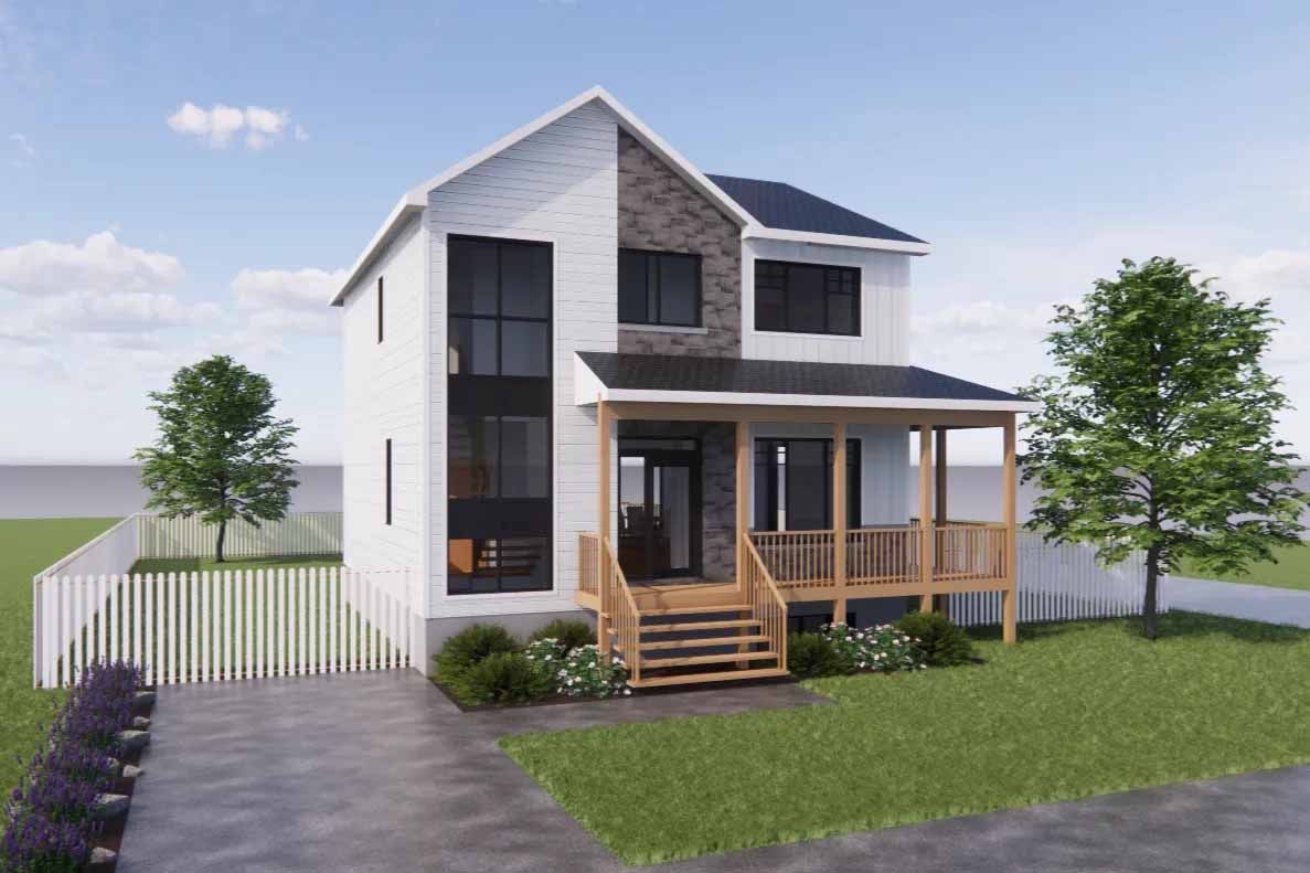 Maison moderne à deux étages avec une façade blanche, des touches de noir et un porche, située sur une pelouse verte clôturée.