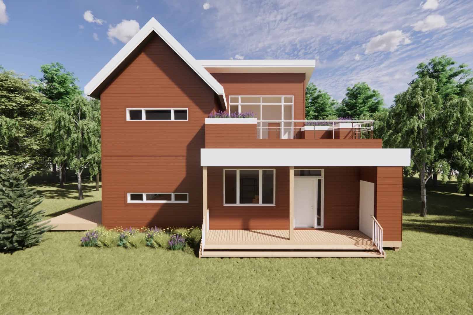 Maison moderne à deux étages avec bardage marron, boiseries blanches, petit porche et balcon, située sur une pelouse.