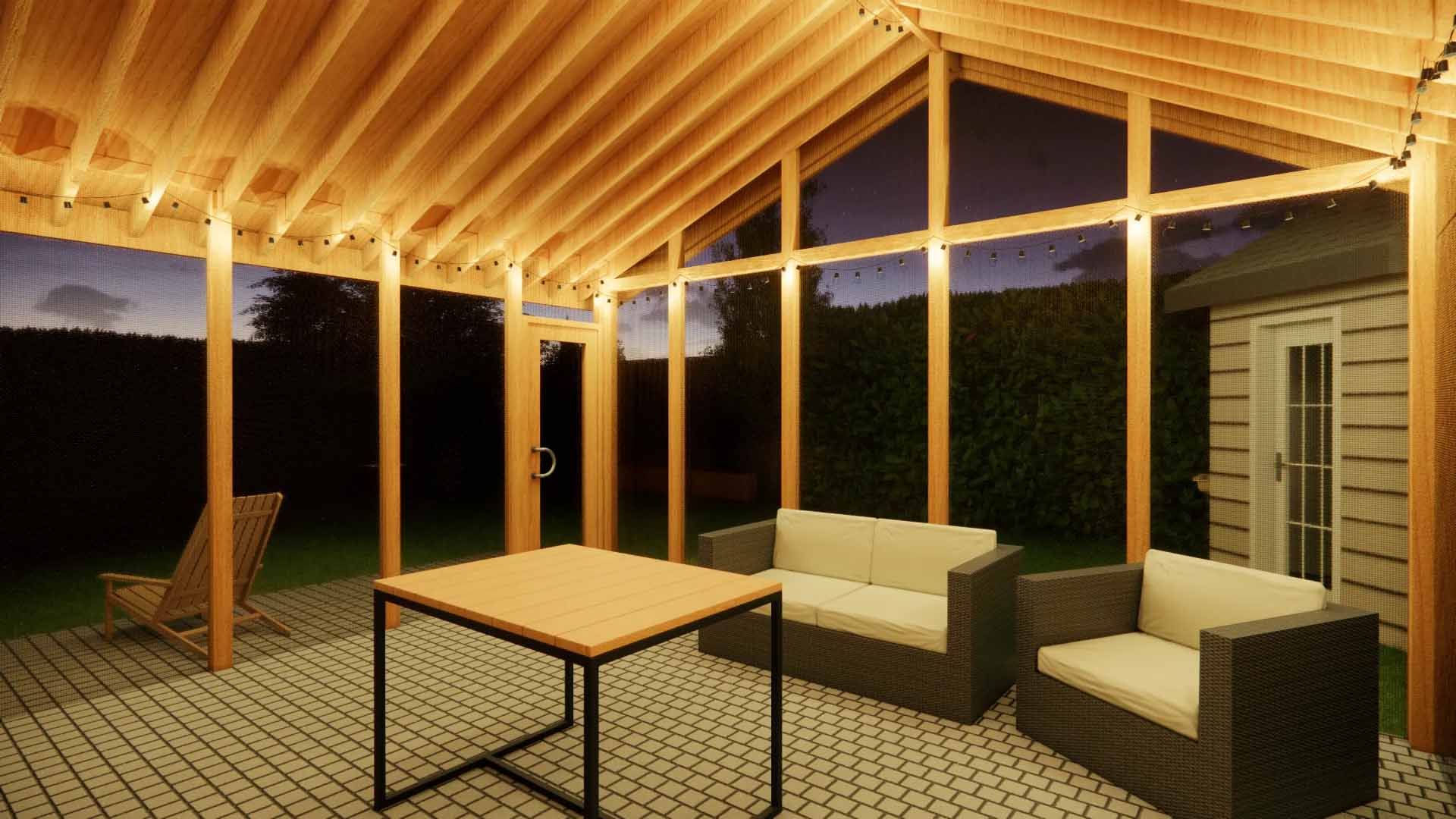 Terrasse extérieure avec poutres en bois, mobilier et guirlandes lumineuses. Ambiance du soir.
