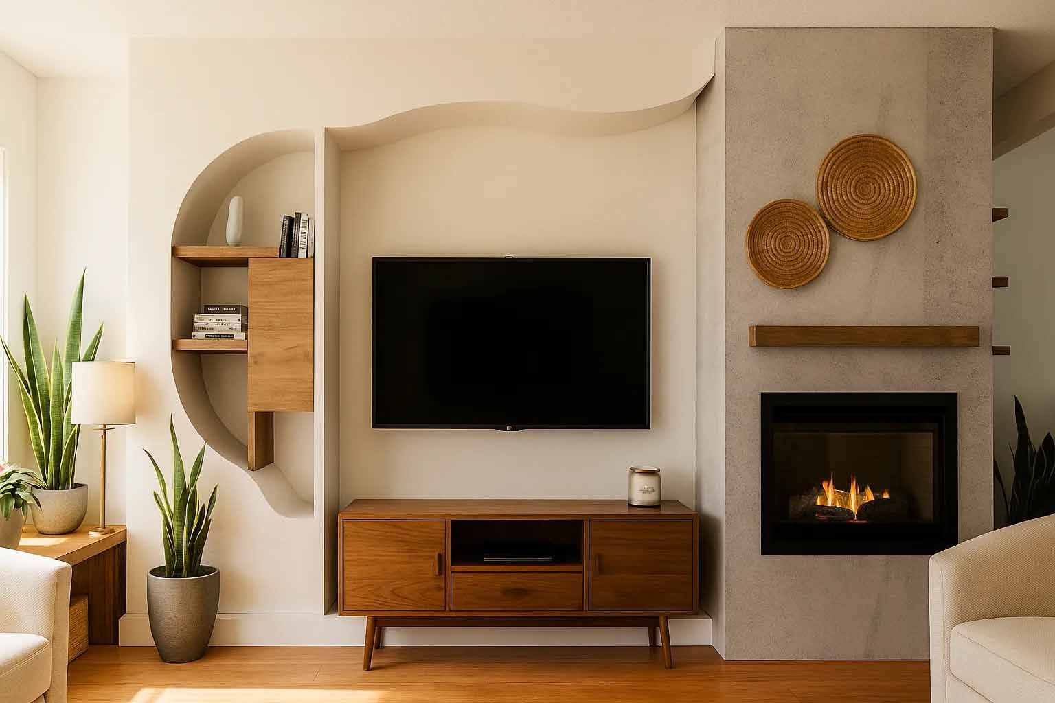 Salon avec étagères intégrées, télévision, cheminée et mobilier moderne du milieu du siècle.