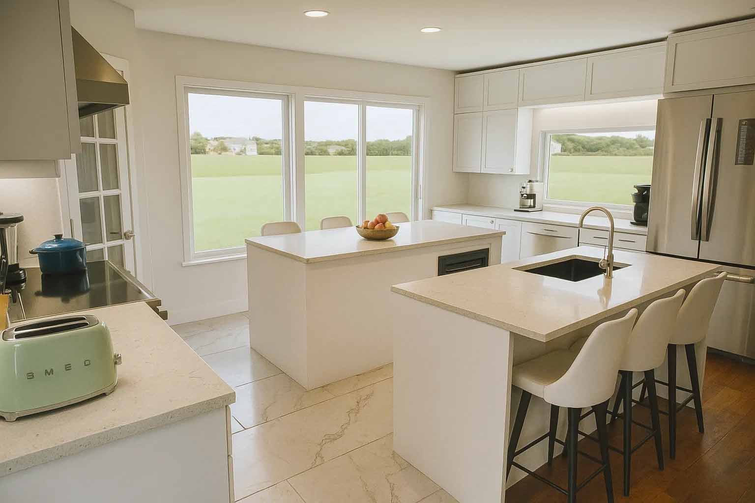 Cuisine blanche moderne avec deux îlots, tabourets et grandes fenêtres donnant sur un champ verdoyant.
