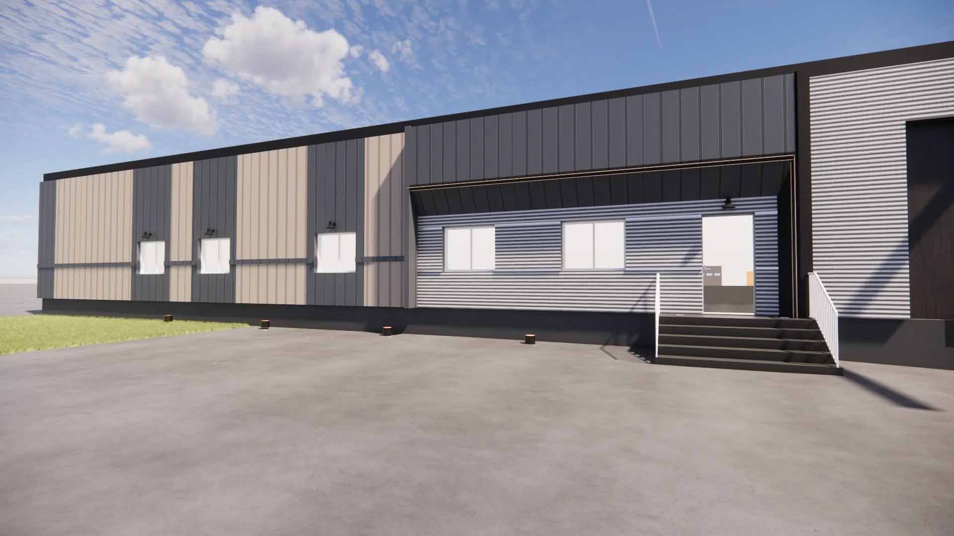 Extérieur de bâtiment industriel avec panneaux gris foncé et argentés, entrée et escaliers.