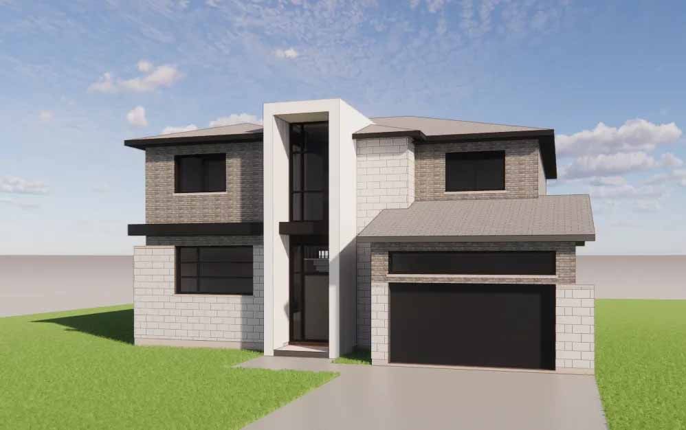 Maison moderne de deux étages avec toit gris et garage. Elle se caractérise par une façade blanche et des fenêtres foncées.