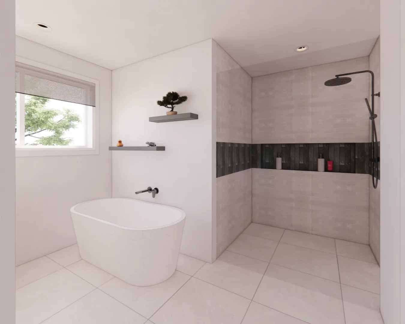 Salle de bains moderne avec baignoire îlot, douche carrelée et étagères ; palette de couleurs neutres et lumineuses.