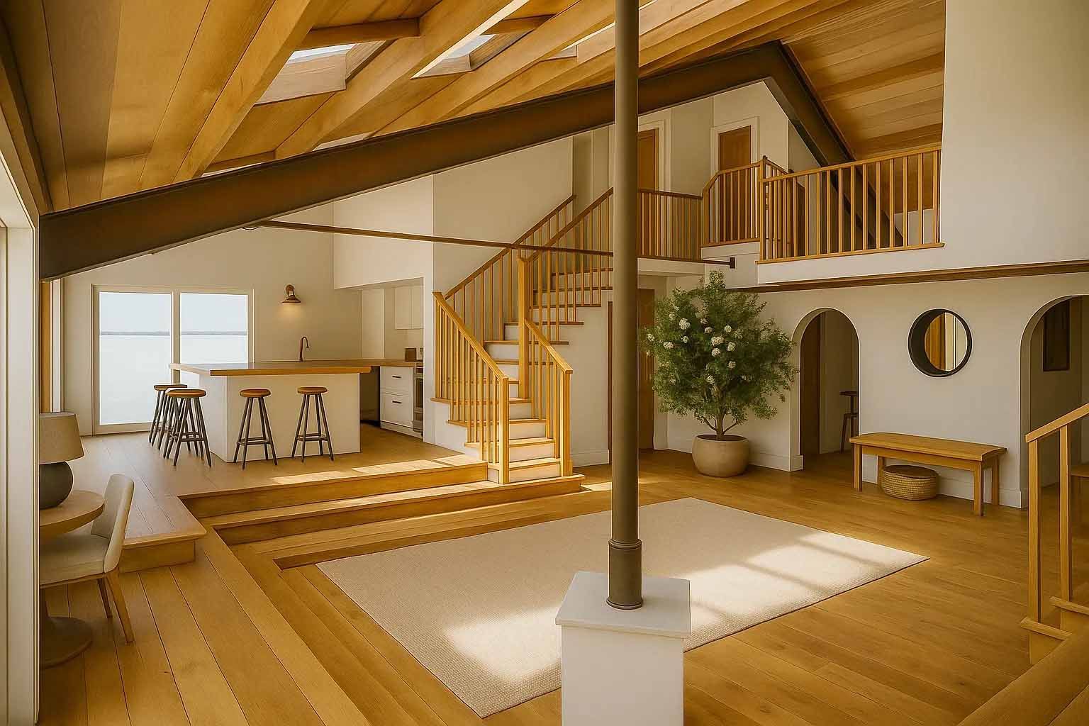 Intérieur lumineux et moderne avec poutres apparentes, escalier et plusieurs niveaux. Comprend une cuisine et un coin salon.