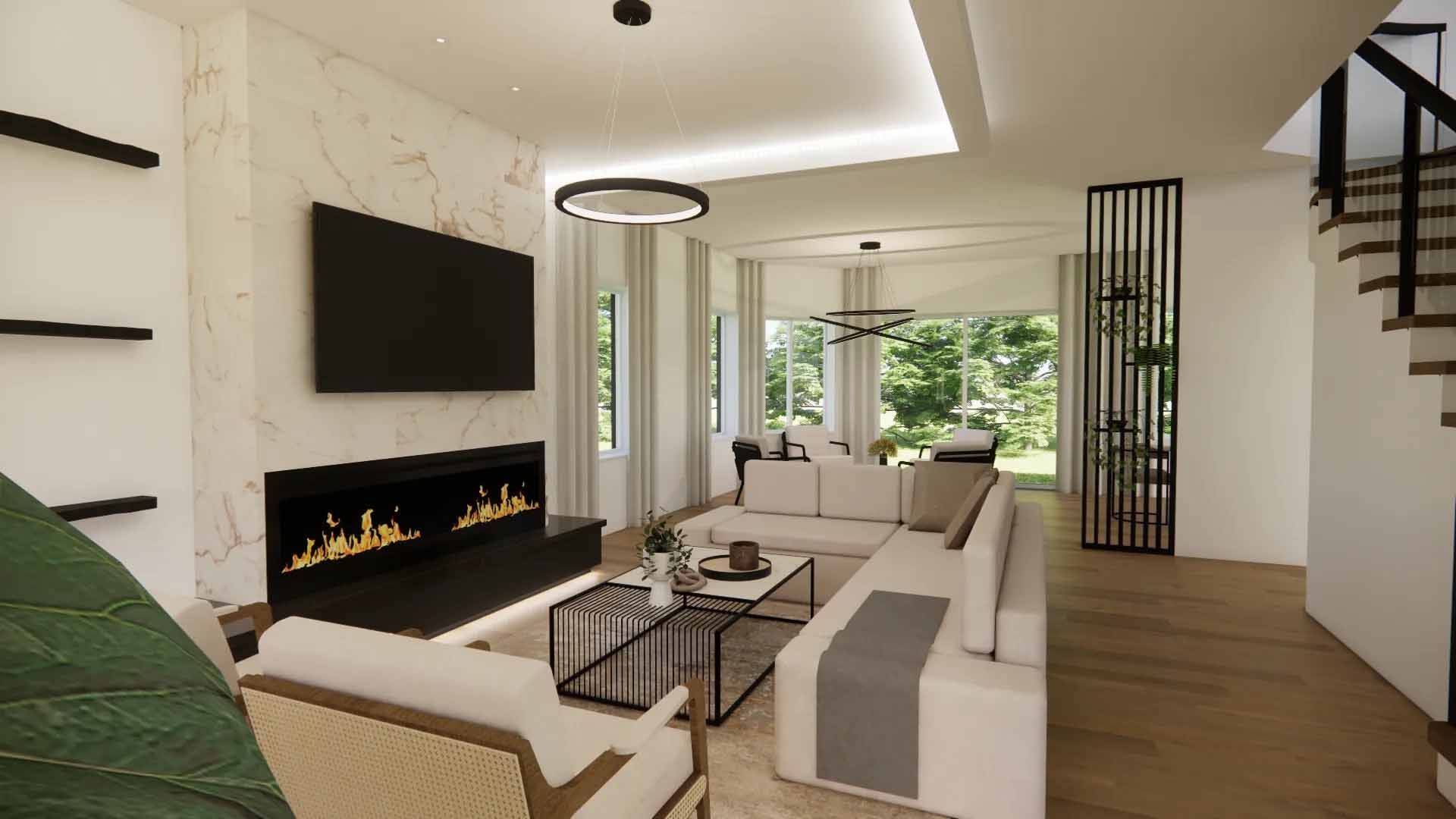 Salon avec cheminée en marbre, grande télévision, canapé d'angle et cloison décorative noire.