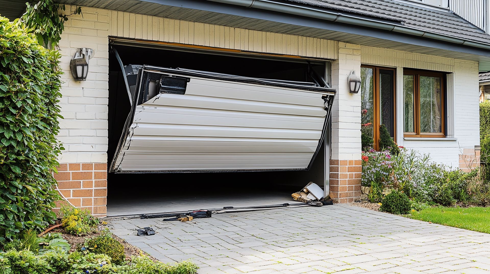 Damaged garage door requiring repair or replacement.
