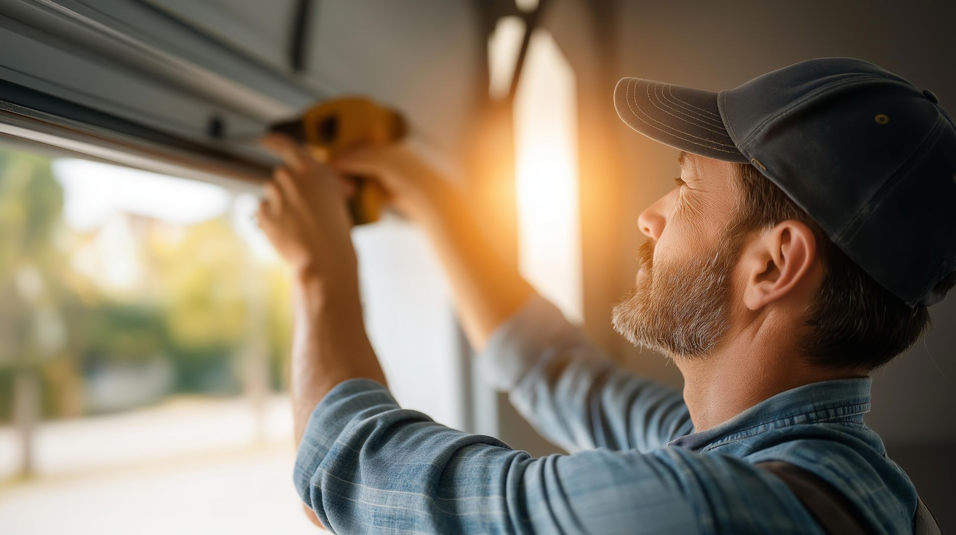 Expert contractor focus on securing hardware for a new garage door installation.