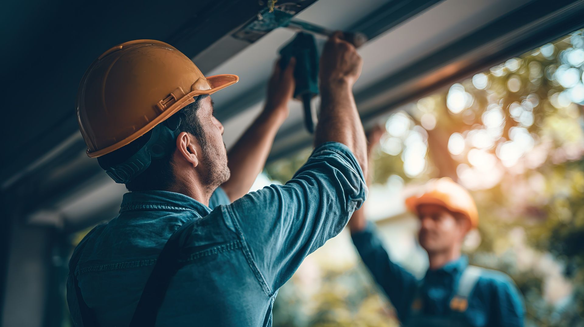 Worker repairs garage door at residential location with another worker nearby.