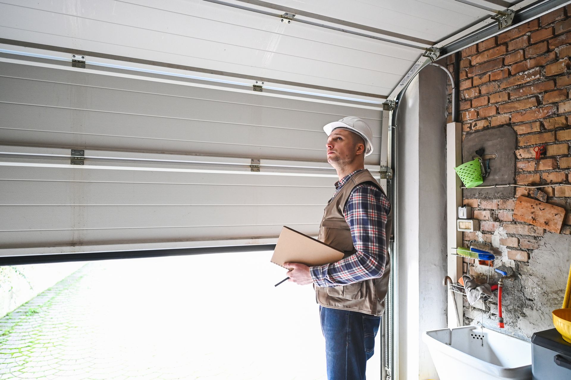 Inspector with clipboard checking a garage door mechanism.