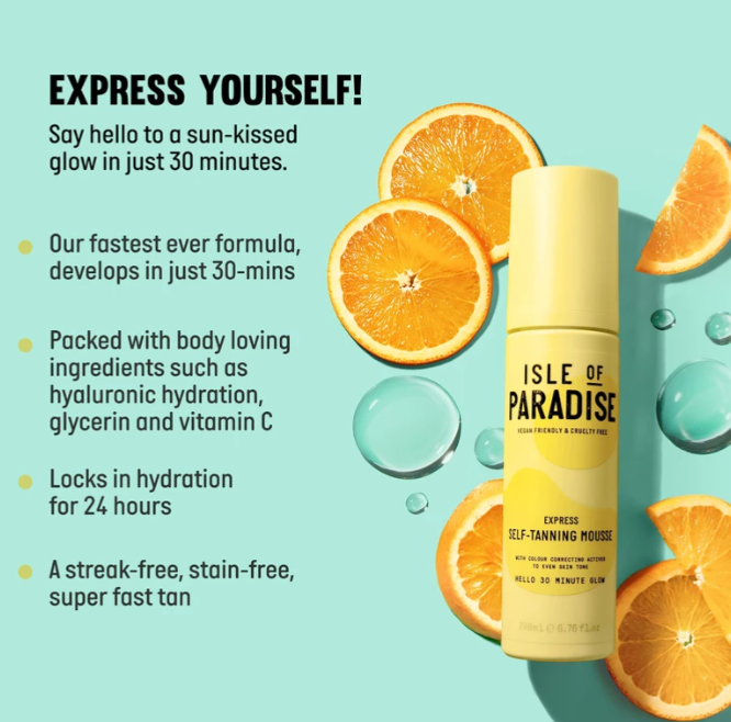 Isle of Paradise Express Self Tanning Mousse - 30 Min Fast Developing Self Tanner - Color Correcting Actives for Even Skin Tone - Vegan and Cruelty Free Sunless Tanning Foam Mousse 200 ml