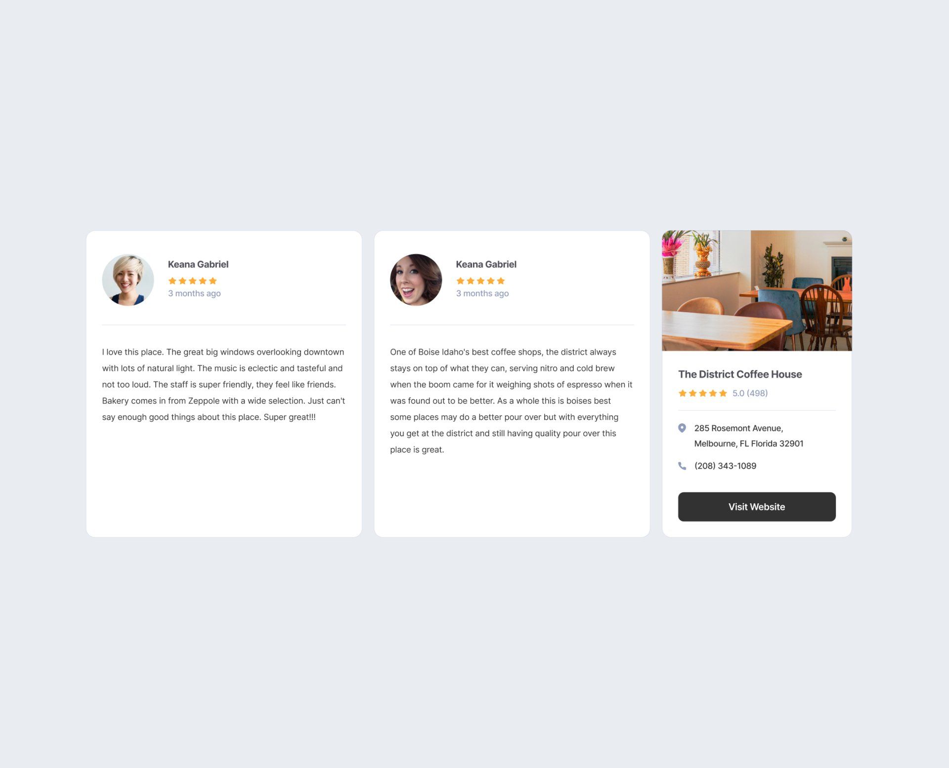A screenshot of a website with three cards with testimonials on them.