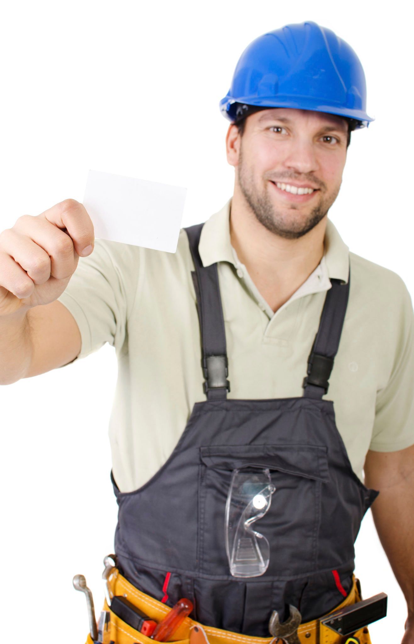 A man wearing overalls and a hard hat is holding a light bulb — Overland Park, KS — Johnson County Solutions