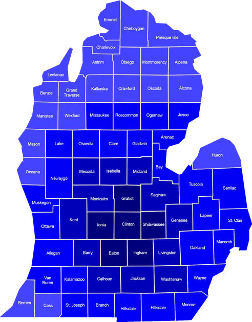 A map of michigan with a blue square in the middle